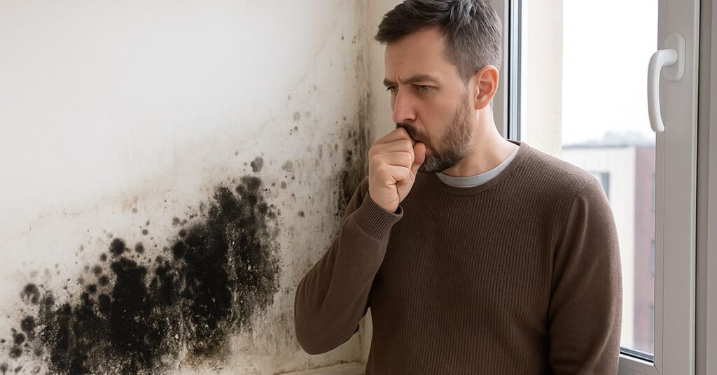 Homeowner in Chicago looking worried after discovering black mold on a wall near a window, representing black mold removal in Chicago, mold in drywall, mold remediation, and mold inspection needs.