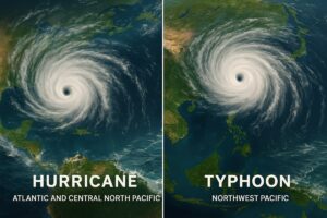 Satellite image showing two powerful tropical cyclones: a hurricane over the Atlantic and Central North Pacific and a typhoon over the Northwest Pacific Ocean, both with clear eyes and swirling cloud bands over warm tropical ocean waters, demonstrating storm systems with sustained wind, heavy rainfall, and coastal flooding.