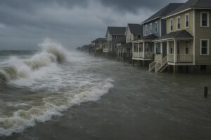 Landscape photo of a storm surge flooding coastal areas during high tide, showing a dramatic rise in water level, storm surge inundation, and damage to buildings caused by surges from hurricanes.