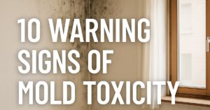 Interior of a home showing black mold patches on the ceiling and walls near a window, with bold text overlay reading “10 Warning Signs of Mold Toxicity,” highlighting indoor mold spores, warning signs of mold, and the effect of mold exposure in a residential environment.