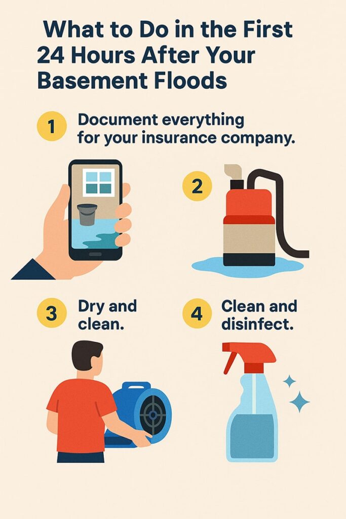 Infographic titled ‘What to Do in the First 24 Hours After Your Basement Floods.’ It includes four illustrated steps: 1) Document everything for your insurance company with an icon of a clipboard and camera; 2) Remove standing water with an icon of a pump and bucket; 3) Dry and clean with an icon of a fan; and 4) Clean and disinfect with an icon of a spray bottle and gloves. The design uses blue and gray tones to represent water and restoration themes.