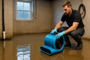 Flooded basement in Chicago with restoration professional using sump pump and drying equipment for basement flooding repair and water removal.