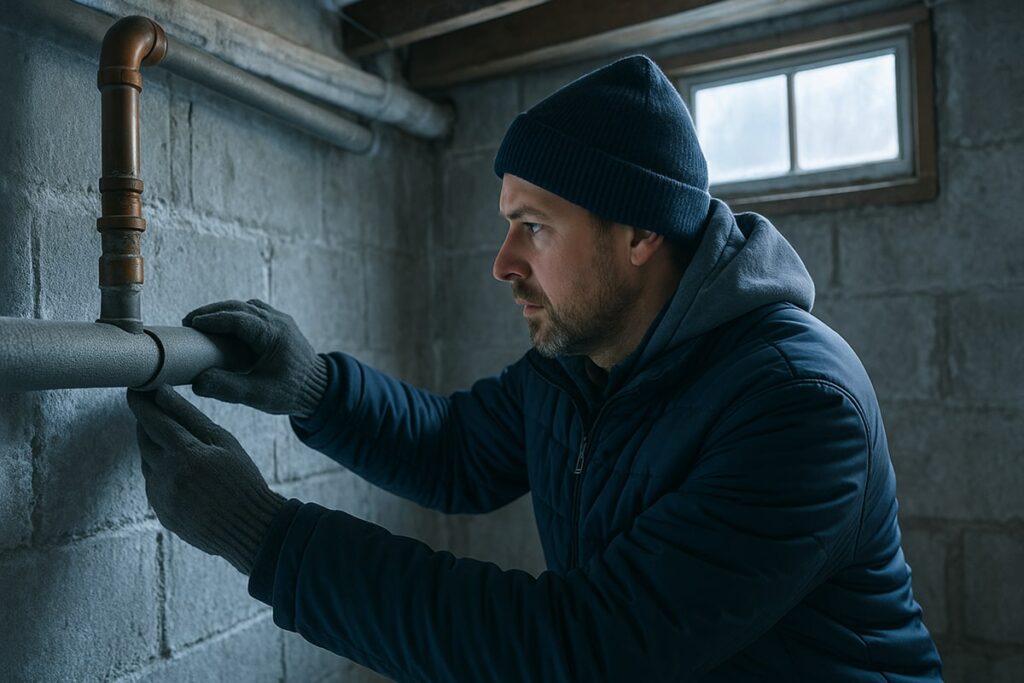 A Chicago homeowner wearing a winter coat, beanie, and gloves inspects an exposed pipe in a cold basement. The pipe is wrapped in foam insulation, and frost is visible on the concrete walls. A small window lets in cold morning light, highlighting the chilly conditions as the homeowner checks the pipe for possible freeze damage.