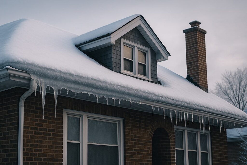 Chicago bungalow with snow-covered roof showing ice dam buildup and icicles along the gutter during winter weather.