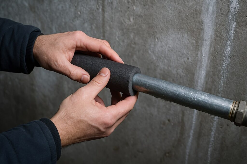 Close-up photo of a homeowner’s hands installing black foam pipe insulation around a cold metal water line in a basement. The pipe has visible condensation, and the background shows a concrete wall, suggesting a cold environment.