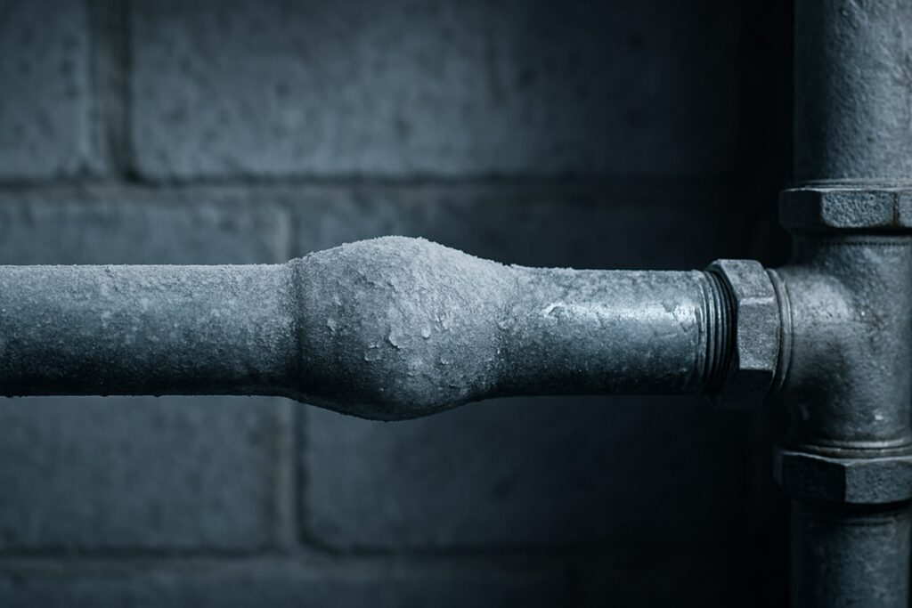 A frosted metal water pipe with visible bulging, suggesting a frozen section inside the pipe.