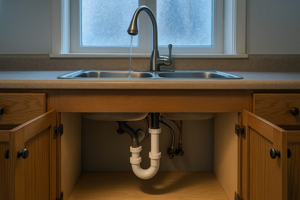 A kitchen sink set on an exterior wall with both cabinet doors open below. A small stream of water runs from the faucet into the stainless steel sink. The window above the sink is frosted, showing the cold temperature outside. Warm indoor lighting contrasts with the icy window, and the open cabinet reveals the plumbing inside.