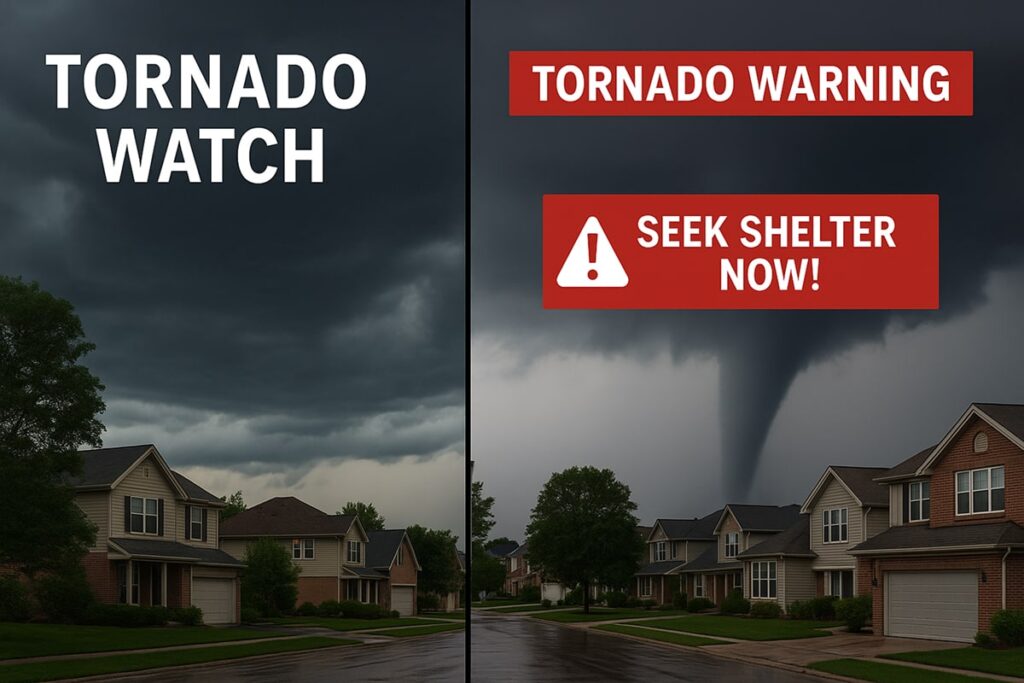 A side-by-side visual comparison shows a Chicago neighborhood under a dark sky labeled “Tornado Watch,” and the same area with a visible tornado funnel labeled “Tornado Warning.” The image illustrates the difference between watch and warning alerts during severe weather.