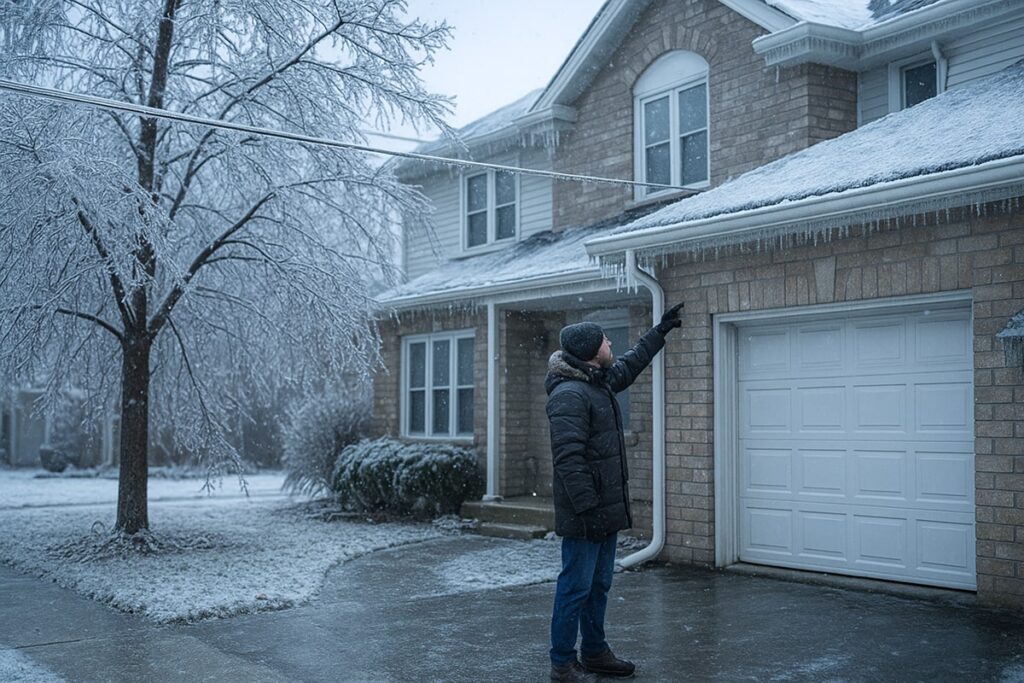 A Chicago homeowner wearing a winter coat inspects icy gutters and tree branches coated in glaze ice after a freezing rain storm. The driveway and sidewalks glisten with ice, and faint snow flurries fall in the cold morning light.