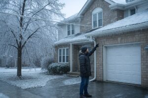 A Chicago homeowner wearing a winter coat inspects icy gutters and tree branches coated in glaze ice after a freezing rain storm. The driveway and sidewalks glisten with ice, and faint snow flurries fall in the cold morning light.