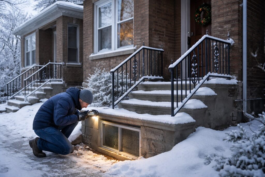 Chicago property owner checks a basement area during freezing weather to prevent frozen pipes.