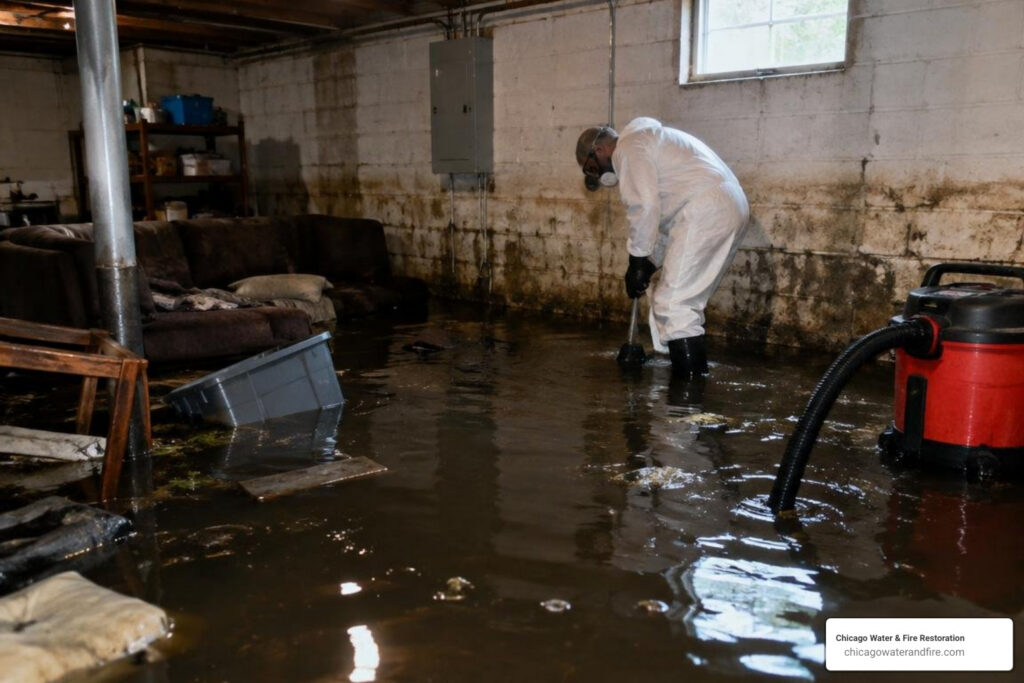 Restoration technician in a protective suit and respirator extracting sewage water from a flooded basement with contaminated furniture