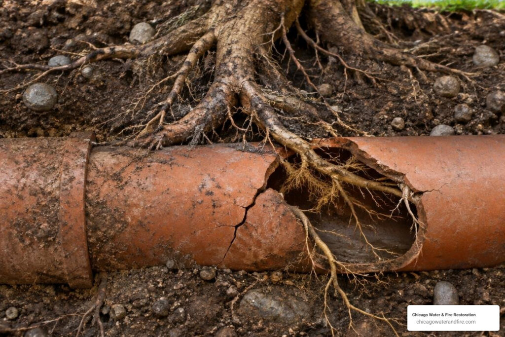 Tree roots growing through a cracked clay sewer pipe, a common cause of basement drain backups during heavy rain